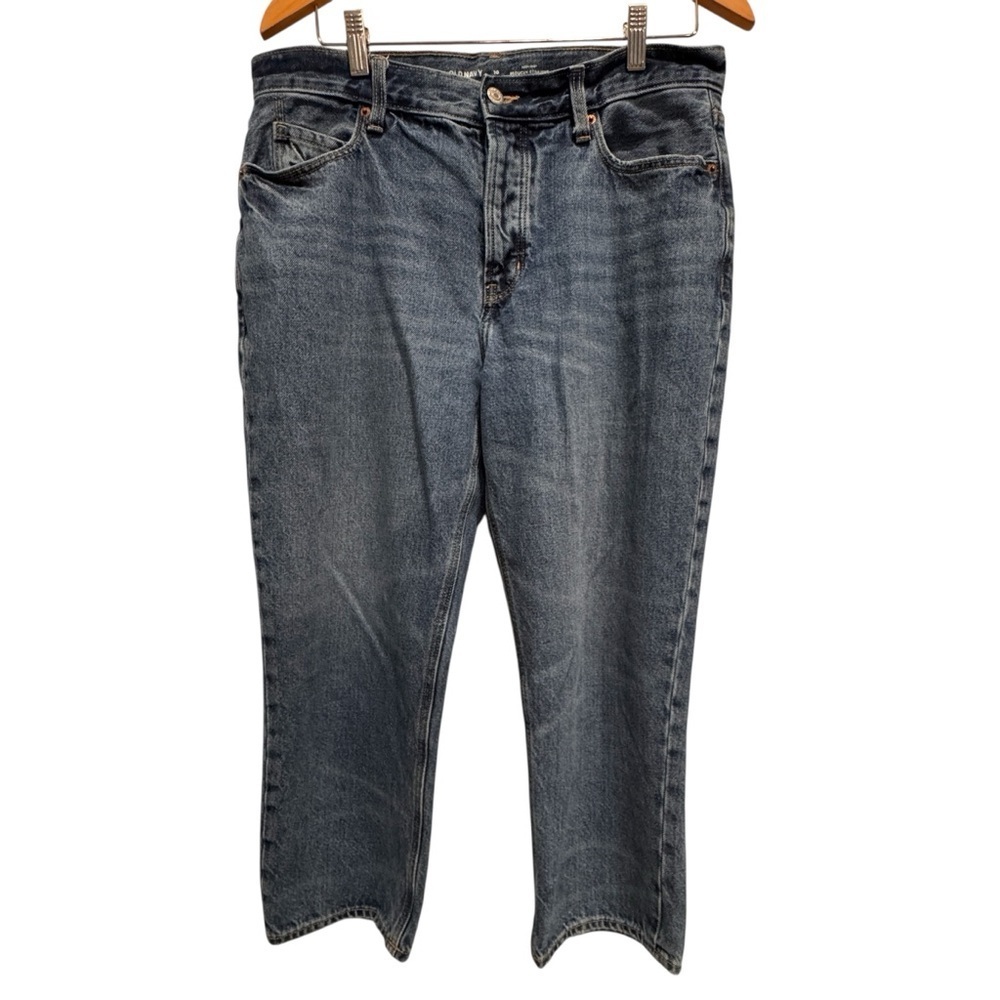 Old Navy Women’s Jeans Size 10 High Rise Slouchy Straight Button Fly Blue Denim - Picture 2 of 8